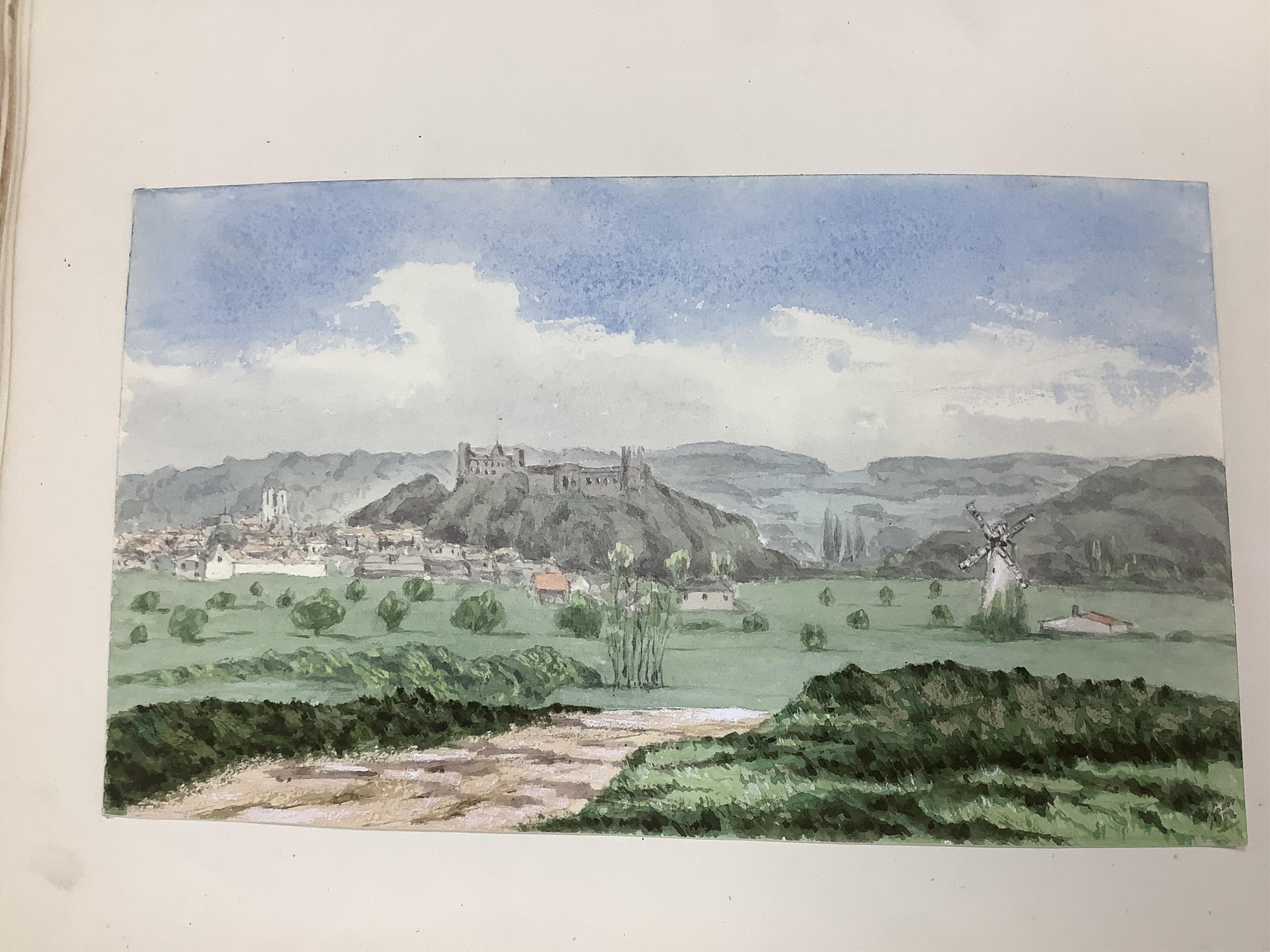 A Victorian leather bound album of watercolours and annotations, including View of Edenbridge from the window of Barnhawe House by F. R. Gore Esq., 1861 and Folkestone Harbour, Steamboat about to leave for Bologne, Augus